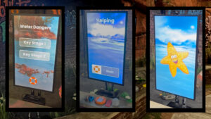 Three interactive touchscreen displays showing a water safety learning interface, including “Water Dangers”, 'Helping Others' and 'Float like a star'