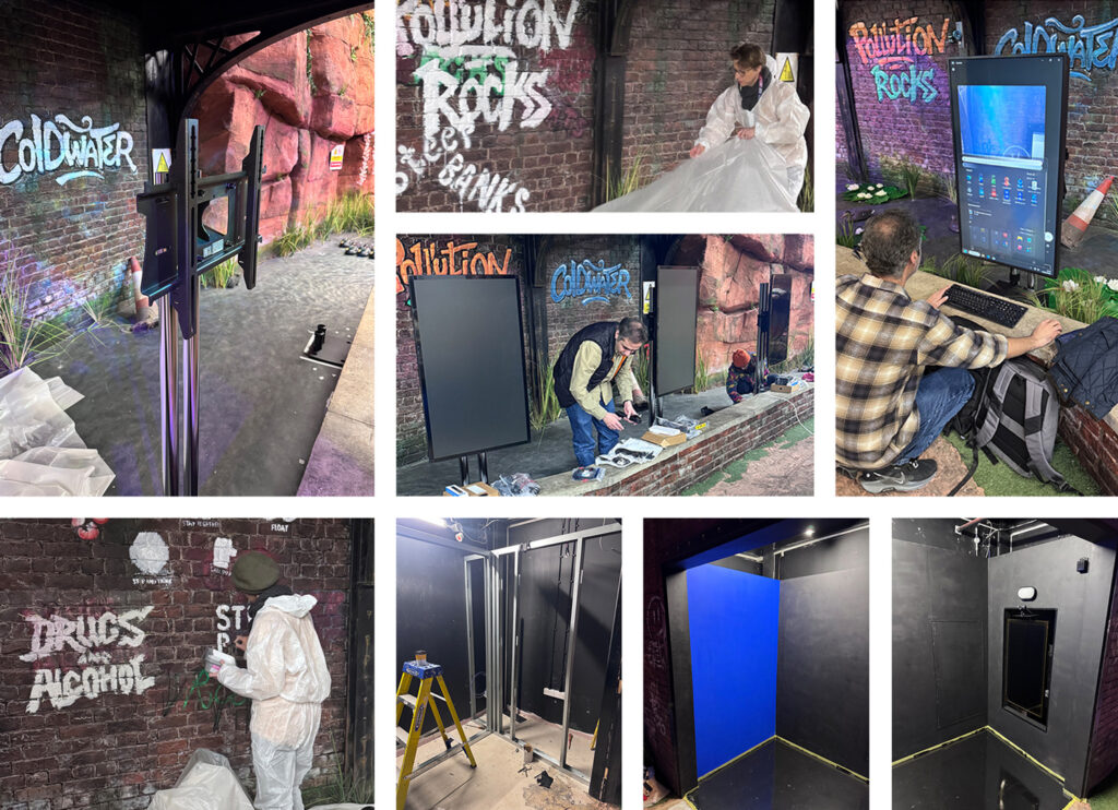 Collage showing the installation of an immersive water safety experience, including graffiti wall artwork, interactive screens, set construction, and team members assembling the environment