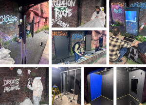 Collage showing the installation of an immersive water safety experience, including graffiti wall artwork, interactive screens, set construction, and team members assembling the environment