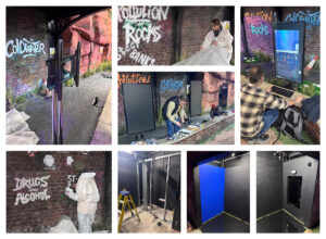 Collage showing the installation of an immersive water safety experience, including graffiti wall artwork, interactive screens, set construction, and team members assembling the environment