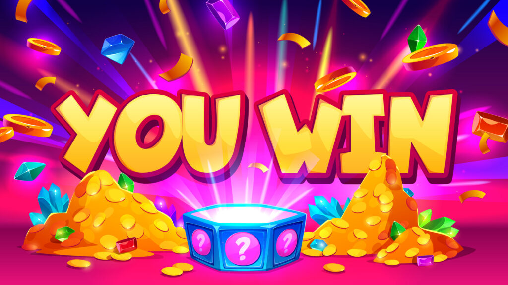 Bright, colourful illustration with the words “YOU WIN” in bold yellow letters, surrounded by coins, gems, and confetti. A glowing reward box sits at the centre, symbolising success and achievement in a gamified e-learning experience.
