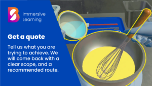 Immersive learning cooking simulation showing a virtual chef whisking ingredients in a mixing bowl within a realistic training environment. The scene demonstrates hands-on, interactive learning through a VR-based culinary training experience.