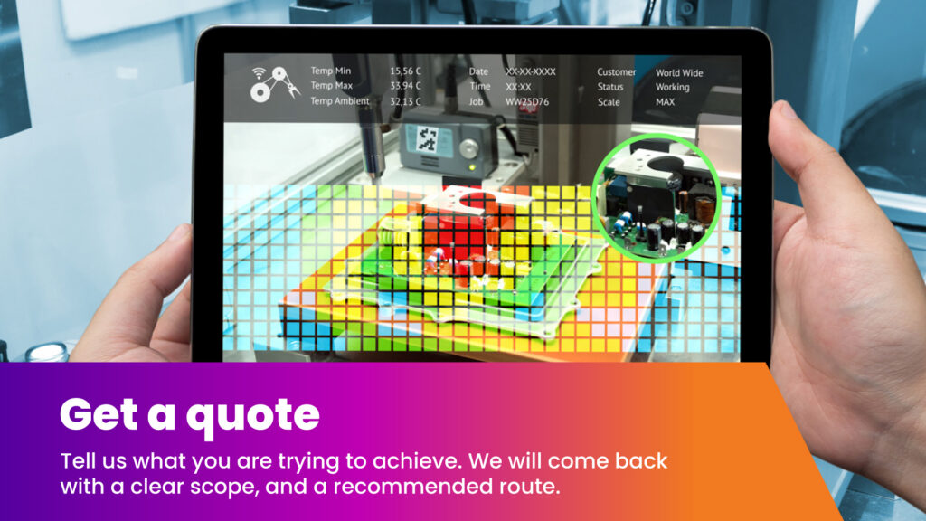 Immersive learning and augmented reality application showing a tablet displaying real-time analysis of an electronic circuit board. Digital overlays, sensor data, and heat-map visualisations demonstrate how immersive learning can support technical training, maintenance, and industrial processes.