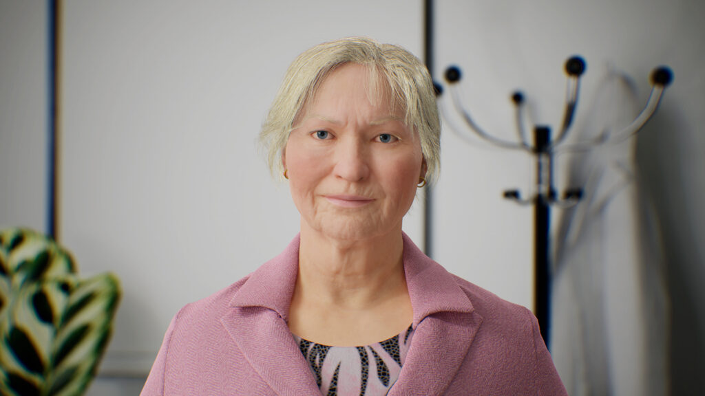 Realistic female AI avatar with short blonde hair and a pink blazer, designed for interactive pharmaceutical sales training and AI-driven role-play conversations. AI avatars for pharma sales training